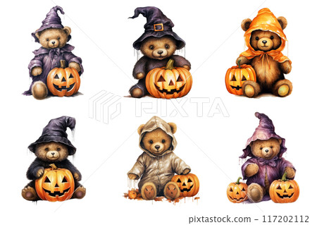 Six Teddy Bears Dressed in Halloween Costumes Holding Pumpkins 117202112