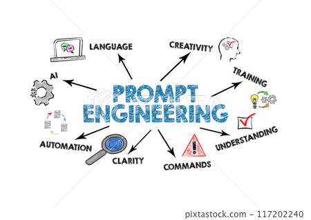 Prompt Engineering Concept. Illustration with icons, keywords and arrows on a white background Prompt Engineering Concept. Illustration with icons, keywords and arrows on a white background 117202240