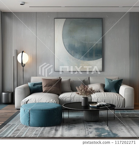 Stylish living space featuring a plush chair, textured rug, and industrial elements, ideal for showcasing modern home decor 117202271