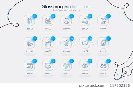 Set of Loan percent, Sale and Accounting line icons for web app. Calendar tax, Stress, Money icons. Ad, Report, Survey checklist signs. Business vision, Piggy sale, Bid offer. Wallet. Vector 117202336