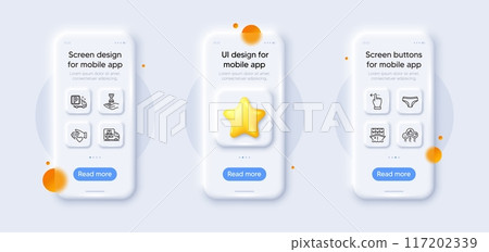 Touchscreen gesture, Delivery truck and Volunteer line icons pack. 3d phone mockups with star. Glass smartphone screen. Like, Truck parking, Shipment web icon. Vector 117202339