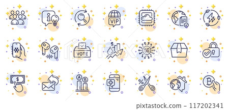 Outline set of 5g technology, Share mail and Package box line icons for web app. Include Group, Verified locker, Online voting pictogram icons. Rise price, Vote box, Work home signs. Vector Outline set of 5g technology, Share mail and Package box line icons for web app. Include Group, Verified locker, Online voting pictogram icons. Rise price, Vote box, Work home signs. Vector 117202341