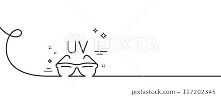 Sunglasses line icon. Continuous one line with curl. Sun eyewear sign. Uv protection glasses symbol. Sunglasses single outline ribbon. Loop curve pattern. Vector Sunglasses line icon. Continuous one line with curl. Sun eyewear sign. Uv protection glasses symbol. Sunglasses single outline ribbon. Loop curve pattern. Vector 117202345