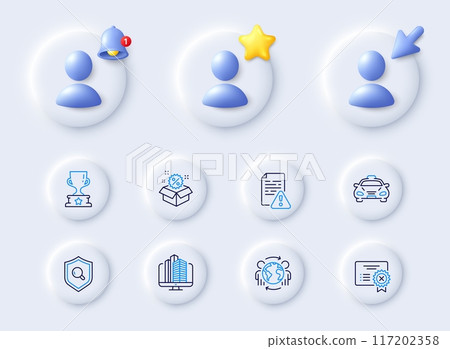 Global business, Inspect and Enterprise line icons. Placeholder with 3d cursor, bell, star. Pack of Taxi, Instruction manual, Sale icon. Winner cup, Reject certificate pictogram. Vector Global business, Inspect and Enterprise line icons. Placeholder with 3d cursor, bell, star. Pack of Taxi, Instruction manual, Sale icon. Winner cup, Reject certificate pictogram. Vector 117202358