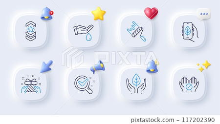 Paint roller, Chemistry lab and Medical tablet line icons. Buttons with 3d bell, chat speech, cursor. Pack of Fair trade, Ecology app, Gift icon. Shoulder strap, Wash hands pictogram. Vector 117202390