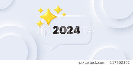 2024 year icon. Neumorphic background with chat speech bubble. Event schedule annual date. 2024 annum planner. 2024 speech message. Banner with 3d stars. Vector 2024 year icon. Neumorphic background with chat speech bubble. Event schedule annual date. 2024 annum planner. 2024 speech message. Banner with 3d stars. Vector 117202392