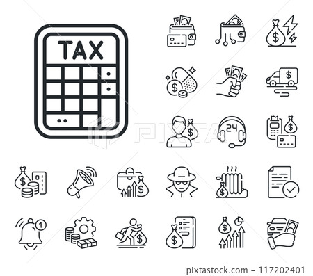 Calculate tax rate sign. Cash money, loan and mortgage outline icons. Tax calculator line icon. Accounting symbol. Tax calculator line sign. Credit card, crypto wallet icon. Vector Calculate tax rate sign. Cash money, loan and mortgage outline icons. Tax calculator line icon. Accounting symbol. Tax calculator line sign. Credit card, crypto wallet icon. Vector 117202401