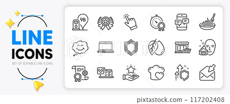 Best result, Open mail and Petrol station line icons set for app include Winner ribbon, Construction document, Pasta dish outline thin icon. Phone messages, Marketplace. Vector 117202408