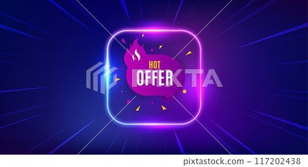 Hot offer banner. Neon light frame offer banner. Discount sticker shape. Coupon tag icon. Hot offer promo event flyer, poster. Sunburst neon coupon. Flash special deal. Vector Hot offer banner. Neon light frame offer banner. Discount sticker shape. Coupon tag icon. Hot offer promo event flyer, poster. Sunburst neon coupon. Flash special deal. Vector 117202438
