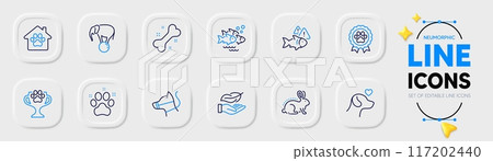 Elephant on ball, Pet shelter and Lightweight line icons for web app. Pack of Pets care, Dog bone, Fish school pictogram icons. Fish, Animal tested, Winner cup signs. Pet friendly. Vector 117202440