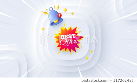 Best offer sticker. Neumorphic offer 3d banner, poster. Discount banner shape. Sale coupon bubble icon. Best offer promo event background. Sunburst banner, flyer or coupon. Vector 117202455