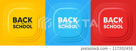 Back to school tag. Neumorphic offer banners. Education offer. End of vacation slogan. Back to school podium background. Product infographics. Vector 117202458
