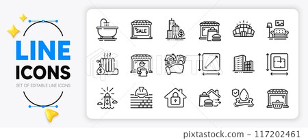 Lighthouse, Square area and Bath line icons set for app include Delivery market, Food market, Buildings outline thin icon. Flood insurance, Buying house, Food delivery pictogram icon. Vector Lighthouse, Square area and Bath line icons set for app include Delivery market, Food market, Buildings outline thin icon. Flood insurance, Buying house, Food delivery pictogram icon. Vector 117202461
