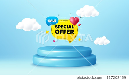 Special offer banner. Winner podium 3d base. Product offer pedestal. Discount sticker with heart. Gift coupon icon. Special offer promotion message. Background with 3d clouds. Vector Special offer banner. Winner podium 3d base. Product offer pedestal. Discount sticker with heart. Gift coupon icon. Special offer promotion message. Background with 3d clouds. Vector 117202469