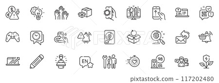 Icons pack as Timer, Eco power and Share call line icons for app include Return package, Creative design, Pencil outline thin icon web set. Hdd, Gamepad, Voting hands pictogram. Vector 117202480