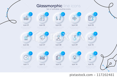 Set of Target goal, Timer and Laurel wreath line icons for web app. Winner cup, Sports arena, Trophy icons. Flag, Fish, Fishing reel signs. Fitness, Dumbbell, Arena. Medal, Fitness app. Vector 117202481