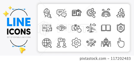 Employees messenger, Inspect and Chemistry lab line icons set for app include Music book, Hand click, Correct answer outline thin icon. Shield, Execute, Inclusion pictogram icon. Vector Employees messenger, Inspect and Chemistry lab line icons set for app include Music book, Hand click, Correct answer outline thin icon. Shield, Execute, Inclusion pictogram icon. Vector 117202483