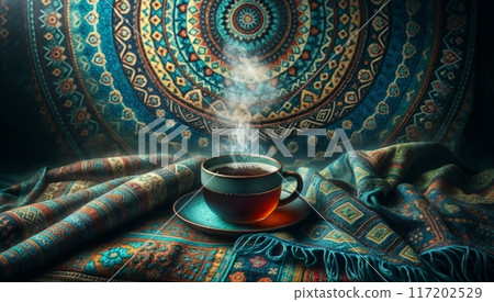cup of hot black tea, with rich steam rising, against a patterned textile with traditional Oriental motifs 117202529