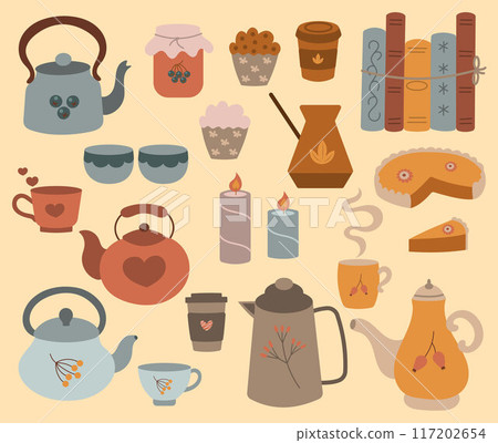 Autumn cosy set. Autumn, thanksgiving, warm moments. Clipart set for stickers, poster, banner, greeting card, flyer, invitation card, cover, template. Teapot cup books candles jam pie cakes coffee Autumn cosy set. Autumn, thanksgiving, warm moments. Clipart set for stickers, poster, banner, greeting card, flyer, invitation card, cover, template. Teapot cup books candles jam pie cakes coffee 117202654