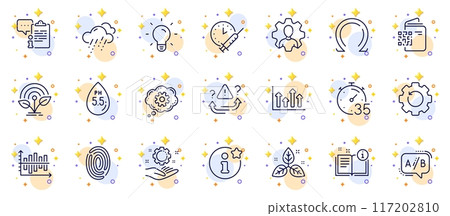 Outline set of Cogwheel, Professional and Clipboard line icons for web app. Include Ph neutral, Ab testing, Fair trade pictogram icons. Upper arrows, Employee hand, Incubator signs. Vector 117202810