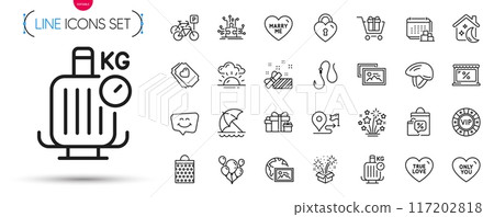 Pack of Shopping cart, Fireworks and Web photo line icons. Include Sleep, Fireworks stars, Bicycle helmet pictogram icons. True love, Love ticket, Delivery signs. Sale bags, Present, Market. Vector 117202818