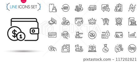 Pack of Report, Atm money and Phone wallet line icons. Include Wallet, Bid offer, Loyalty award pictogram icons. Savings insurance, Coins bag, Bank document signs. Loan. Report outline sign. Vector 117202821