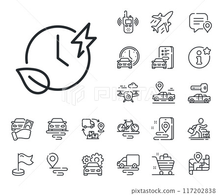 Charge accumulator sign. Plane, supply chain and place location outline icons. Charging time line icon. Eco electric power symbol. Charging time line sign. Taxi transport, rent a bike icon. Vector Charge accumulator sign. Plane, supply chain and place location outline icons. Charging time line icon. Eco electric power symbol. Charging time line sign. Taxi transport, rent a bike icon. Vector 117202838