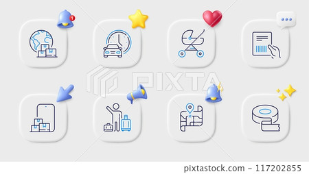 International delivery, Parcel invoice and Adhesive tape line icons. Buttons with 3d bell, chat speech, cursor. Pack of Book car, Baby carriage, Online storage icon. Vector 117202855