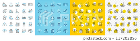 Vector icons set of Time schedule, Parking payment and Car service line icons pack for web with Baggage, Plane, Helicopter outline icon. Delivery man, Car, Parcel insurance pictogram. Vector 117202856