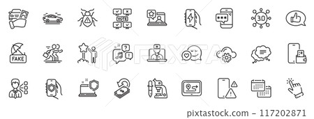 Icons pack as Feedback, Online rating and Phone warning line icons for app include Rent car, Software bug, Car outline thin icon web set. Gps, Star, Text message pictogram. Third party. Vector 117202871