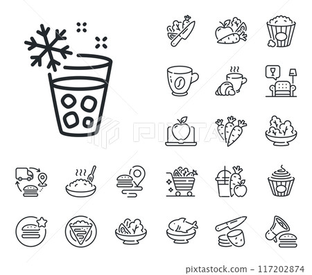 Ice maker sign. Crepe, sweet popcorn and salad outline icons. Glass with ice line icon. Freezing function symbol. Ice maker line sign. Pasta spaghetti, fresh juice icon. Supply chain. Vector 117202874