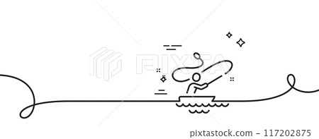 Boat fishing line icon. Continuous one line with curl. Fisherman with spinning rod sign. Catching fish symbol. Boat fishing single outline ribbon. Loop curve pattern. Vector 117202875