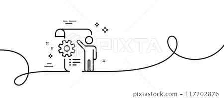 Settings blueprint line icon. Continuous one line with curl. Engineering cogwheel tool sign. Cog gear symbol. Settings blueprint single outline ribbon. Loop curve pattern. Vector 117202876