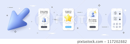 Qr code, Antistatic and Salary line icons pack. Phone screen mockup with 3d cursor. Alert, star and placeholder. Developers chat, Timer, House security web icon. Vector 117202882