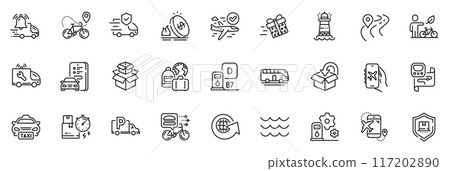 Icons pack as Transport insurance, Bus tour and Flight mode line icons for app include Flight destination, Metro map, Car registration outline thin icon web set. Packing boxes. Vector 117202890