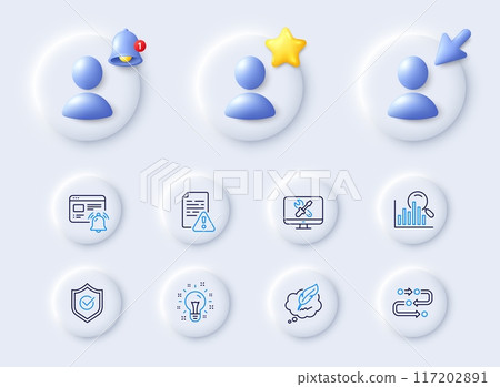 Instruction manual, Search and Approved shield line icons. Placeholder with 3d cursor, bell, star. Pack of Internet notification, Methodology, Idea icon. Repair, Copyright chat pictogram. Vector 117202891