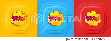Wow comic bubble banner. Neumorphic offer banner, flyer or poster. Discount sticker shape. Sale coupon icon. Wow bubble promo event banner. 3d square buttons. Special deal coupon. Vector 117202892