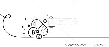 Vitamin B12 line icon. Continuous one line with curl. Cobalamin food nutrient sign. Capsule or pill supplement symbol. Cobalamin vitamin single outline ribbon. Loop curve pattern. Vector 117202893