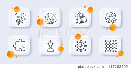 Density, Microscope and Education line icons pack. 3d glass buttons with blurred circles. Power, Puzzle, Execute web icon. Certificate, Aluminium mineral pictogram. For web app, printing. Vector Density, Microscope and Education line icons pack. 3d glass buttons with blurred circles. Power, Puzzle, Execute web icon. Certificate, Aluminium mineral pictogram. For web app, printing. Vector 117202895