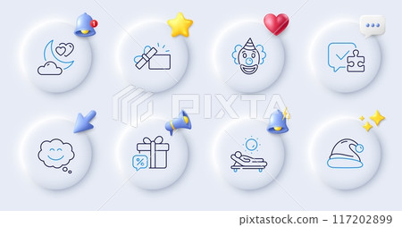Opened gift, Clown and Santa hat line icons. Buttons with 3d bell, chat speech, cursor. Pack of Puzzle, Lounger, Love night icon. Sale gift, Smile chat pictogram. For web app, printing. Vector Opened gift, Clown and Santa hat line icons. Buttons with 3d bell, chat speech, cursor. Pack of Puzzle, Lounger, Love night icon. Sale gift, Smile chat pictogram. For web app, printing. Vector 117202899