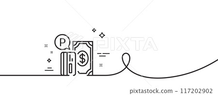 Parking payment line icon. Continuous one line with curl. Paid car park sign. Transport place symbol. Parking payment single outline ribbon. Loop curve pattern. Vector Parking payment line icon. Continuous one line with curl. Paid car park sign. Transport place symbol. Parking payment single outline ribbon. Loop curve pattern. Vector 117202902