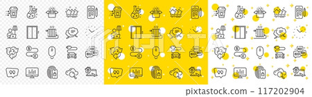 Outline Packing boxes, Money transfer and Quote bubble line icons pack for web with Work home, Music making, Coffee delivery line icon. Cloud computing, Radiator, Lift pictogram icon. Vector 117202904