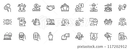 Icons pack as Handshake, Donate and Business person line icons for app include Support, Report, Developers chat outline thin icon web set. Click hand, Voice wave, Vip clients pictogram. Vector 117202912