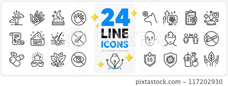 Icons set of Leaf, Mental conundrum and Juice line icons pack for app with Veterinary clinic, Face recognition, Fair trade thin outline icon. Best glasses, Capsule pill. Design with 3d stars. Vector 117202930