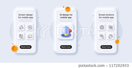 Attention, Pos terminal and 360 degree line icons pack. 3d phone mockups with bell alert. Glass smartphone screen. Rate button, Approved, Chat message web icon. Vector Attention, Pos terminal and 360 degree line icons pack. 3d phone mockups with bell alert. Glass smartphone screen. Rate button, Approved, Chat message web icon. Vector 117202933
