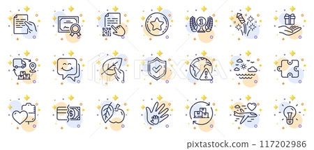 Outline set of Laureate award, Loyalty star and Apple line icons for web app. Include Smile face, Honeymoon travel, Confirmed pictogram icons. Travel sea, Internet warning. Vector Outline set of Laureate award, Loyalty star and Apple line icons for web app. Include Smile face, Honeymoon travel, Confirmed pictogram icons. Travel sea, Internet warning. Vector 117202986