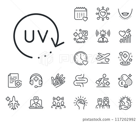 Skin care sign. Online doctor, patient and medicine outline icons. Uv protection cream line icon. Cosmetic change symbol. Uv protection line sign. Veins, nerves and cosmetic procedure icon. Vector 117202992