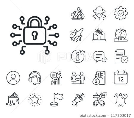 Cyber defence sign. Salaryman, gender equality and alert bell outline icons. Security lock line icon. Private protection symbol. Security lock line sign. Spy or profile placeholder icon. Vector Cyber defence sign. Salaryman, gender equality and alert bell outline icons. Security lock line icon. Private protection symbol. Security lock line sign. Spy or profile placeholder icon. Vector 117203017