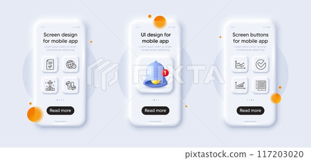Technical algorithm, Winner and Verify line icons pack. 3d phone mockups with bell alert. Glass smartphone screen. Square meter, Diagram chart, Time zone web icon. Vector 117203020