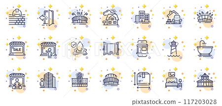 Outline set of Market seller, Buildings and Furniture line icons for web app. Include Market buyer, Open door, Lighthouse pictogram icons. Marketplace, Entrance, Hospital building signs. Vector 117203028